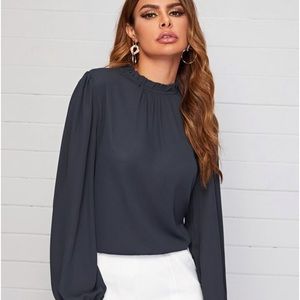 SHEIN Frilled Neck Bishop Sleeve Blouse Navy Blue 100% Polyester Sz M